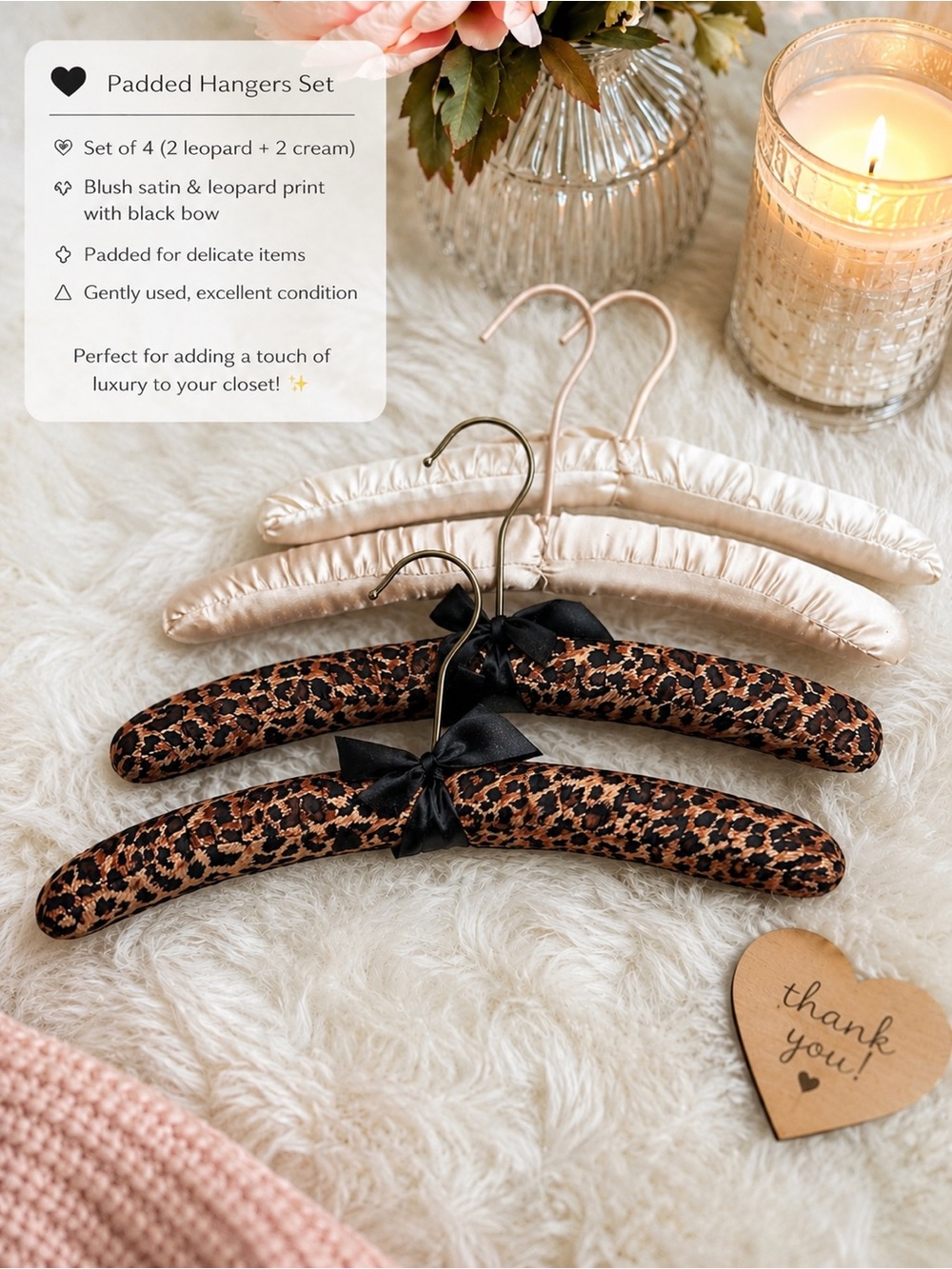 SOLD Set of 4 Padded Satin & Leopard Print Hangers - Blush & Leopard